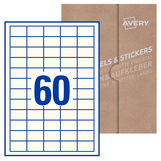 folha branca com 60 etiquetas adesivas retangulares 37x23 com caixa de embalagem de papel