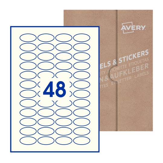 folha branca com 48 etiquetas adesivas ovais 40x20 com caixa de embalagem de papel - Etiquetas adesivas ovais Avery® 40 x 20mm