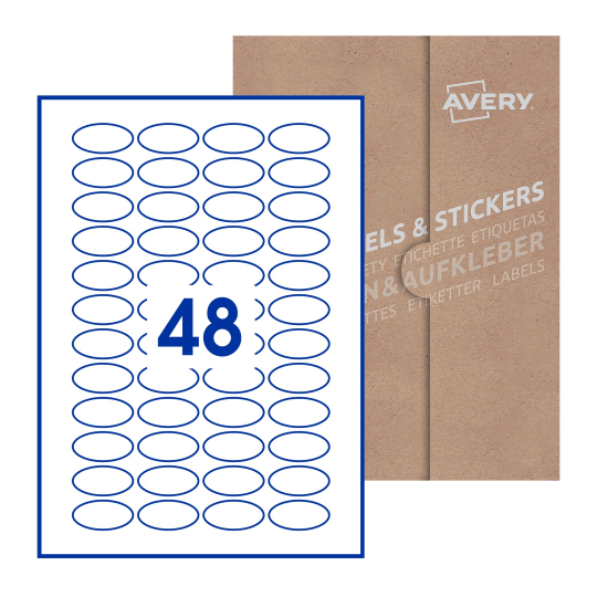 folha branca com 48 etiquetas adesivas ovais 40x20 com caixa de embalagem de papel - Etiquetas adesivas ovais Avery® 40 x 20mm