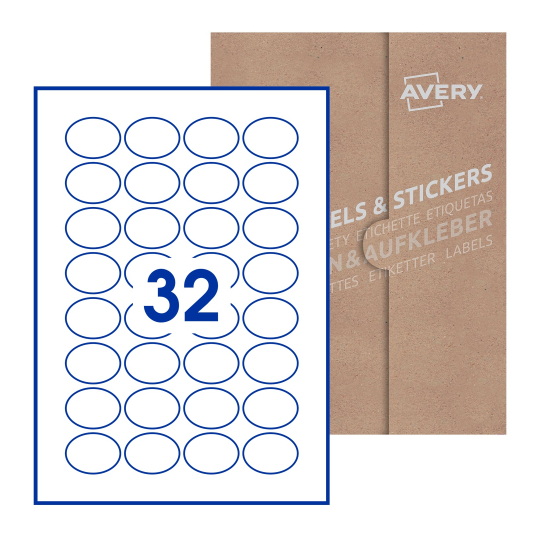folha branca com 32 etiquetas adesivas ovais com caixa de embalagem de papel - Etiquetas adesivas ovais Avery® 40 x 30mm