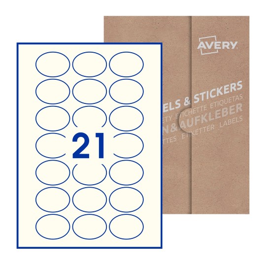 folha branca com 21 etiquetas adesivas ovais 50x37 com caixa de embalagem de papel - Etiquetas adesivas ovais Avery® 50 x 37mm
