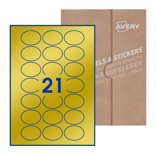 folha branca com 21 etiquetas adesivas ovais 50x37 com caixa de embalagem de papel - Etiquetas adesivas ovais Avery® 50 x 37mm