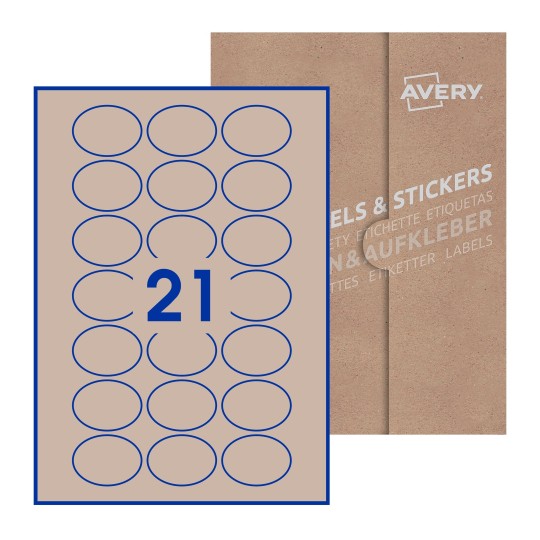 folha branca com 21 etiquetas adesivas ovais 50x37 com caixa de embalagem de papel - Etiquetas adesivas ovais Avery® 50 x 37mm