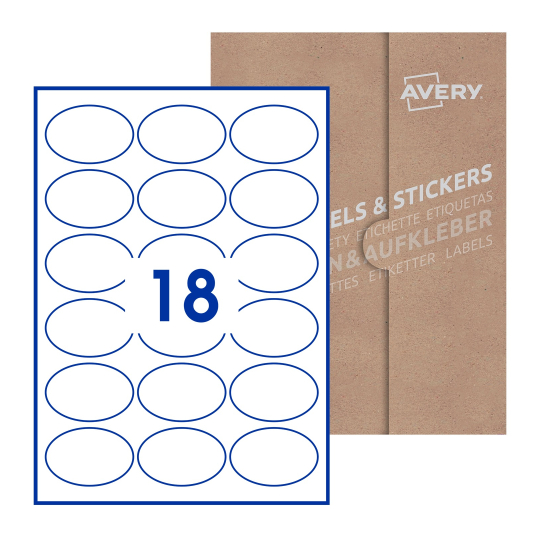 folha branca com 16 etiquetas adesivas ovais 64x42 com caixa de embalagem de papel - Etiquetas adesivas ovais Avery® 64 x 42mm