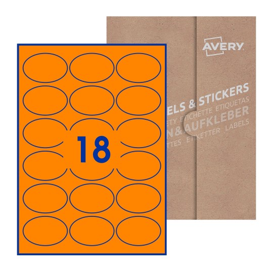 folha branca com 16 etiquetas adesivas ovais 64x42 com caixa de embalagem de papel - Etiquetas adesivas ovais Avery® 64 x 42mm
