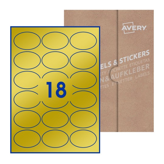 folha branca com 16 etiquetas adesivas ovais 64x42 com caixa de embalagem de papel - Etiquetas adesivas ovais Avery® 64 x 42mm