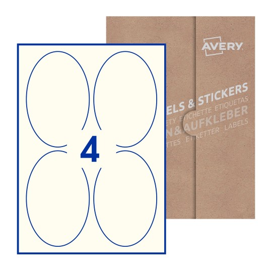 folha branca com 4 etiquetas adesivas ovais 90x136 com caixa de embalagem de papel - Etiquetas adesivas ovais Avery® 90 x 136mm