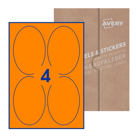 folha branca com 4 etiquetas adesivas ovais 90x136 com caixa de embalagem de papel - Etiquetas adesivas ovais Avery® 90 x 136mm