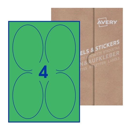 folha branca com 4 etiquetas adesivas ovais 90x136 com caixa de embalagem de papel - Etiquetas adesivas ovais Avery® 90 x 136mm