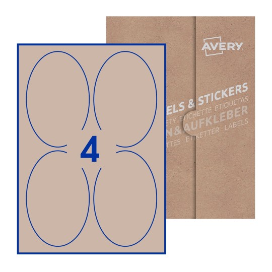 folha branca com 4 etiquetas adesivas ovais 90x136 com caixa de embalagem de papel - Etiquetas adesivas ovais Avery® 90 x 136mm