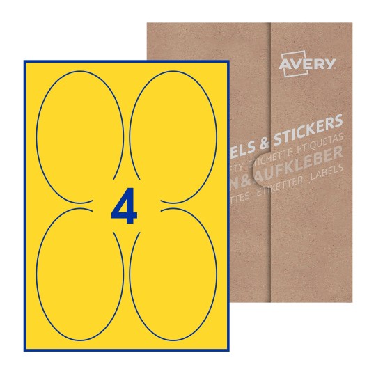 folha branca com 4 etiquetas adesivas ovais 90x136 com caixa de embalagem de papel - Etiquetas adesivas ovais Avery® 90 x 136mm