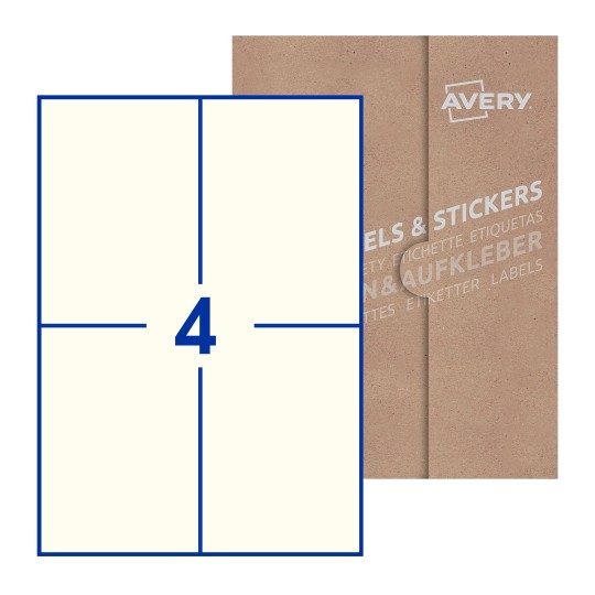 folha branca com 2 etiquetas adesivas retangulares 200x142 com caixa de embalagem de papel - Etiquetas adesivas retangulares Avery® 200 x 142 mm