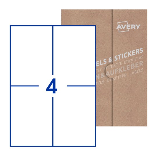 folha branca com 2 etiquetas adesivas retangulares 200x142 com caixa de embalagem de papel - Etiquetas adesivas retangulares Avery® 200 x 142 mm