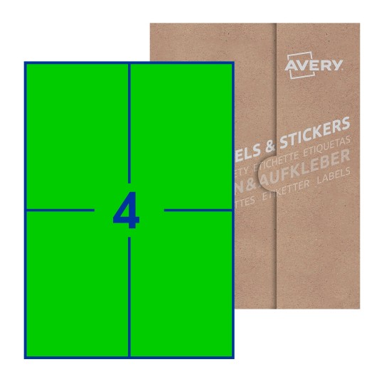 folha branca com 2 etiquetas adesivas retangulares 200x142 com caixa de embalagem de papel - Etiquetas adesivas retangulares Avery® 200 x 142 mm