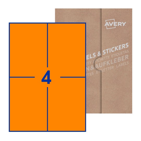 folha branca com 2 etiquetas adesivas retangulares 200x142 com caixa de embalagem de papel - Etiquetas adesivas retangulares Avery® 200 x 142 mm