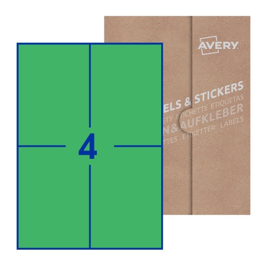 folha branca com 2 etiquetas adesivas retangulares 200x142 com caixa de embalagem de papel - Etiquetas adesivas retangulares Avery® 200 x 142 mm
