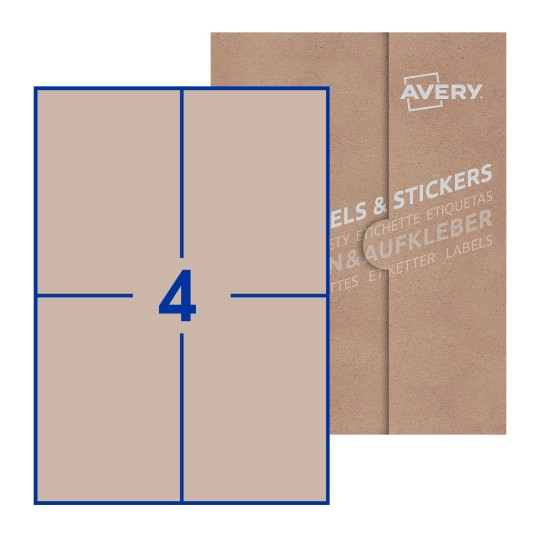 folha branca com 2 etiquetas adesivas retangulares 200x142 com caixa de embalagem de papel - Etiquetas adesivas retangulares Avery® 200 x 142 mm