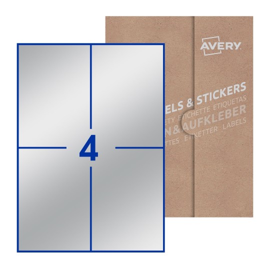 folha branca com 4 etiquetas adesivas retangulares 105x148 com caixa de embalagem de papel - Etiquetas adesivas retangulares Avery® 105 x 148 mm