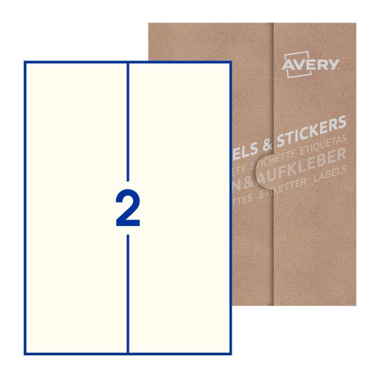 Folha branca com 2 etiquetas adesivas retangulares 105x297 com caixa de embalagem de papel - Etiquetas adesivas retangulares Avery® 105 x 297 mm