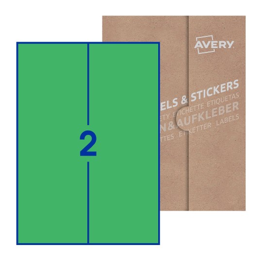 Folha branca com 2 etiquetas adesivas retangulares 105x297 com caixa de embalagem de papel - Etiquetas adesivas retangulares Avery® 105 x 297 mm