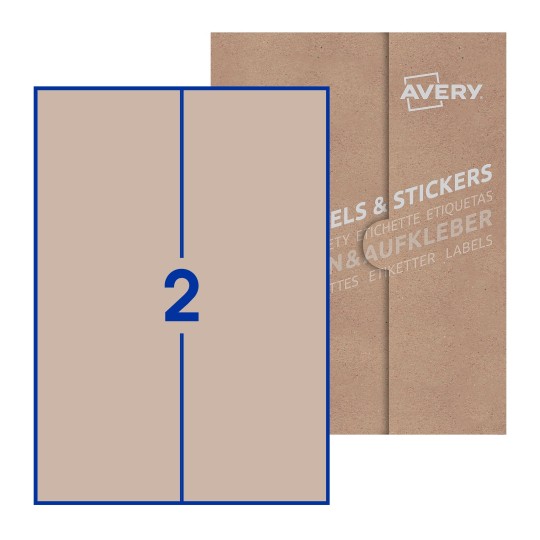 Folha branca com 2 etiquetas adesivas retangulares 105x297 com caixa de embalagem de papel - Etiquetas adesivas retangulares Avery® 105 x 297 mm