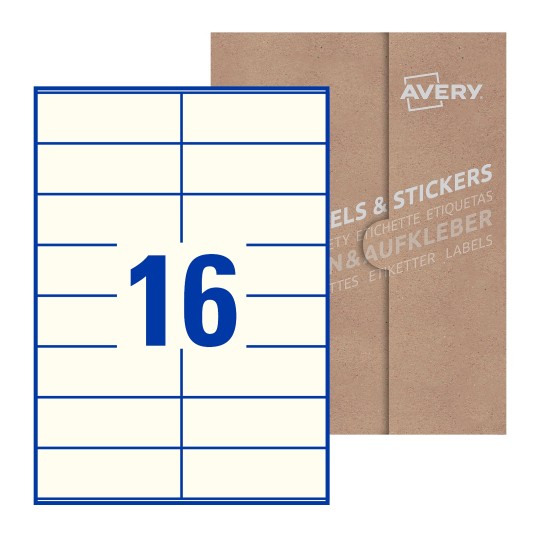 folha branca com 16 etiquetas adesivas retangulares 105x36 com caixa de embalagem de papel - Etiquetas adesivas retangulares Avery® 105 x 36 mm