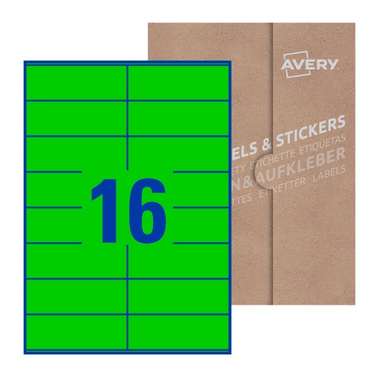 folha branca com 16 etiquetas adesivas retangulares 105x36 com caixa de embalagem de papel - Etiquetas adesivas retangulares Avery® 105 x 36 mm