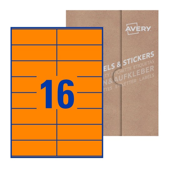 folha branca com 16 etiquetas adesivas retangulares 105x36 com caixa de embalagem de papel - Etiquetas adesivas retangulares Avery® 105 x 36 mm