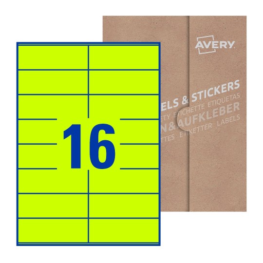 folha branca com 16 etiquetas adesivas retangulares 105x36 com caixa de embalagem de papel - Etiquetas adesivas retangulares Avery® 105 x 36 mm
