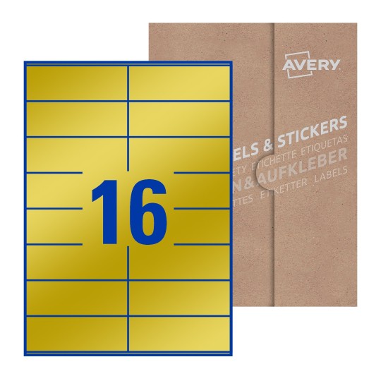 folha branca com 16 etiquetas adesivas retangulares 105x36 com caixa de embalagem de papel - Etiquetas adesivas retangulares Avery® 105 x 36 mm