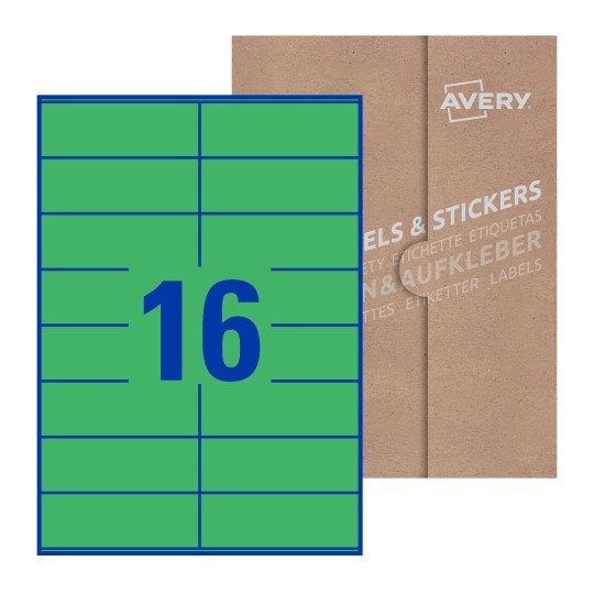 folha branca com 16 etiquetas adesivas retangulares 105x36 com caixa de embalagem de papel - Etiquetas adesivas retangulares Avery® 105 x 36 mm
