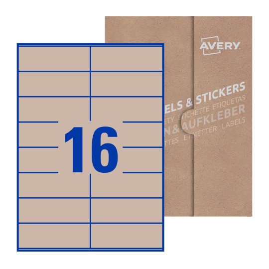folha branca com 16 etiquetas adesivas retangulares 105x36 com caixa de embalagem de papel - Etiquetas adesivas retangulares Avery® 105 x 36 mm