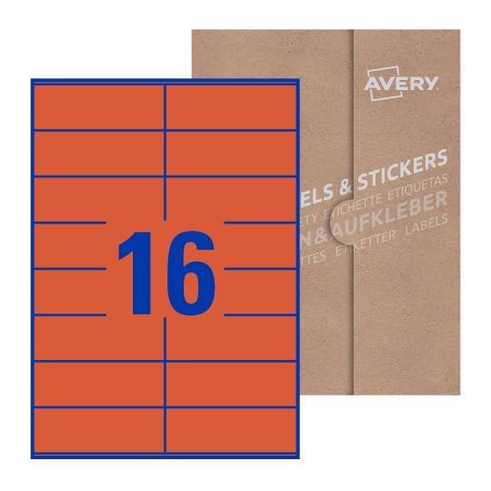 folha branca com 16 etiquetas adesivas retangulares 105x36 com caixa de embalagem de papel - Etiquetas adesivas retangulares Avery® 105 x 36 mm