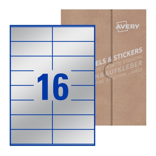 folha branca com 16 etiquetas adesivas retangulares 105x36 com caixa de embalagem de papel - Etiquetas adesivas retangulares Avery® 105 x 36 mm