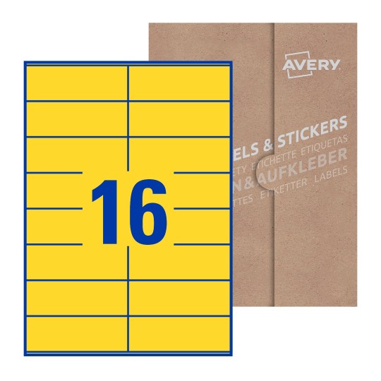folha branca com 16 etiquetas adesivas retangulares 105x36 com caixa de embalagem de papel - Etiquetas adesivas retangulares Avery® 105 x 36 mm