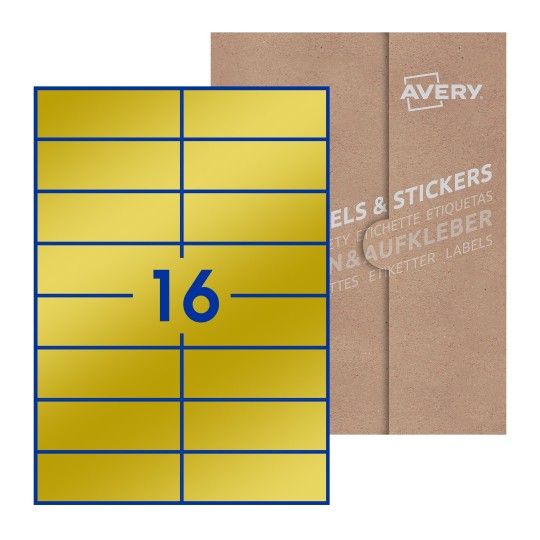 Folha branca com 16 etiquetas adesivas retangulares 105x37 com caixa de embalagem de papel - Etiquetas adesivas retangulares Avery® 105 x 37 mm