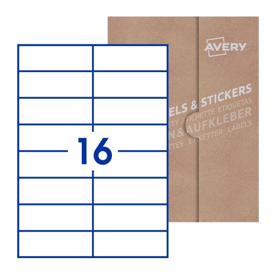 Folha branca com 16 etiquetas adesivas retangulares 105x37 com caixa de embalagem de papel - Etiquetas adesivas retangulares Avery® 105 x 37 mm