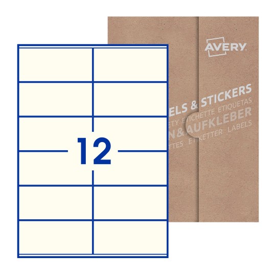 folha branca com 12 etiquetas adesivas retangulares 105x48 com caixa de embalagem de papel - Etiquetas adesivas retangulares Avery® 105 x 48 mm