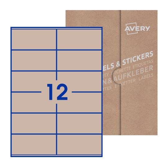 folha branca com 12 etiquetas adesivas retangulares 105x48 com caixa de embalagem de papel - Etiquetas adesivas retangulares Avery® 105 x 48 mm