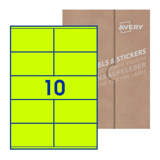 Folha branca com 10 etiquetas adesivas retangulares 105x57 com caixa de embalagem de papel - Etiquetas adesivas retangulares Avery® 105 x 57 mm