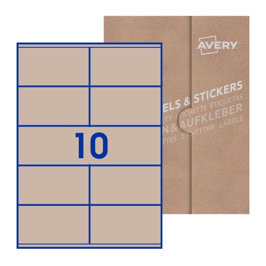 Folha branca com 10 etiquetas adesivas retangulares 105x57 com caixa de embalagem de papel - Etiquetas adesivas retangulares Avery® 105 x 57 mm