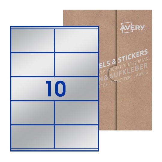Folha branca com 10 etiquetas adesivas retangulares 105x57 com caixa de embalagem de papel - Etiquetas adesivas retangulares Avery® 105 x 57 mm