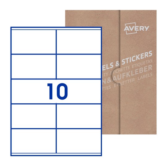 Folha branca com 10 etiquetas adesivas retangulares 105x57 com caixa de embalagem de papel - Etiquetas adesivas retangulares Avery® 105 x 57 mm