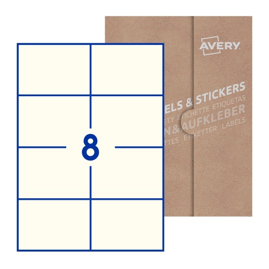 folha branca com 8 etiquetas adesivas retangulares 105x74 com caixa de embalagem de papel - Etiquetas adesivas retangulares Avery® 105 x 74 mm
