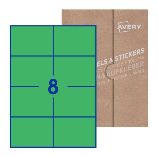 folha branca com 8 etiquetas adesivas retangulares 105x74 com caixa de embalagem de papel - Etiquetas adesivas retangulares Avery® 105 x 74 mm