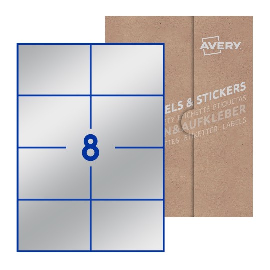 folha branca com 8 etiquetas adesivas retangulares 105x74 com caixa de embalagem de papel - Etiquetas adesivas retangulares Avery® 105 x 74 mm