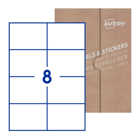 folha branca com 8 etiquetas adesivas retangulares 105x74 com caixa de embalagem de papel - Etiquetas adesivas retangulares Avery® 105 x 74 mm