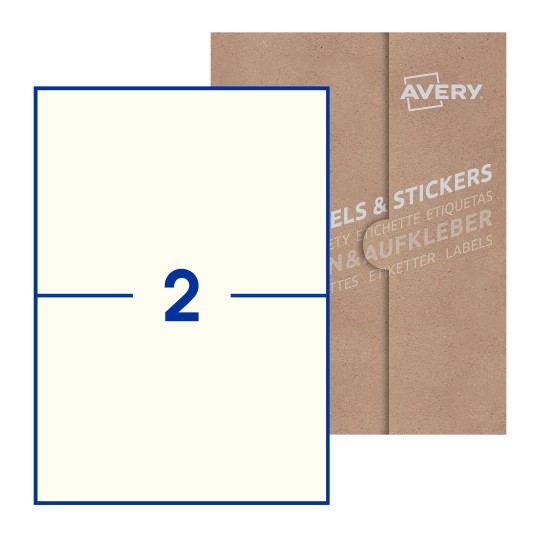 Folha branca com 2 etiquetas adesivas retangulares 210x148 com caixa de embalagem de papel - Etiquetas adesivas retangulares Avery® 210 x 148 mm