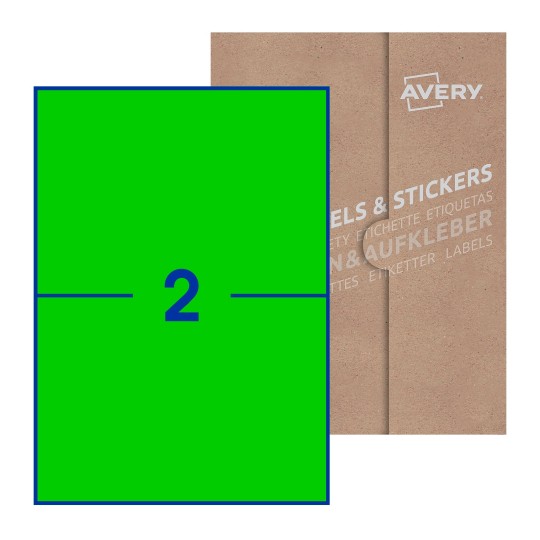 Folha branca com 2 etiquetas adesivas retangulares 210x148 com caixa de embalagem de papel - Etiquetas adesivas retangulares Avery® 210 x 148 mm