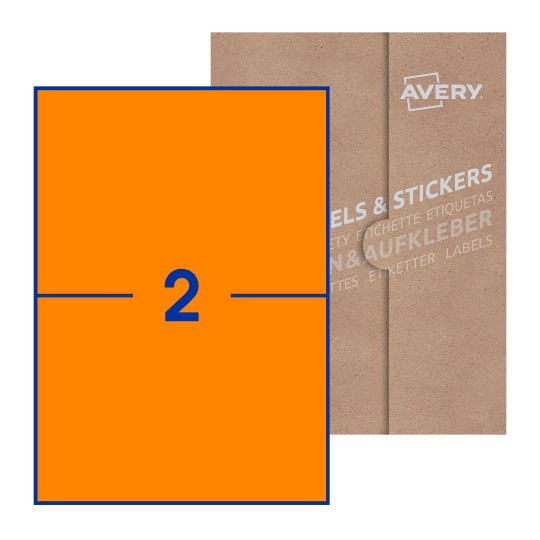Folha branca com 2 etiquetas adesivas retangulares 210x148 com caixa de embalagem de papel - Etiquetas adesivas retangulares Avery® 210 x 148 mm
